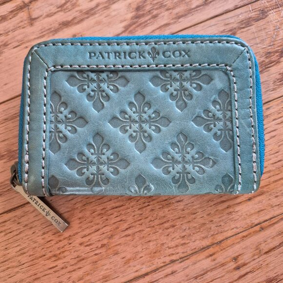 Patrick Cox Leather Zip Around Card Holder Green Blue Embossed - Picture 1 of 8